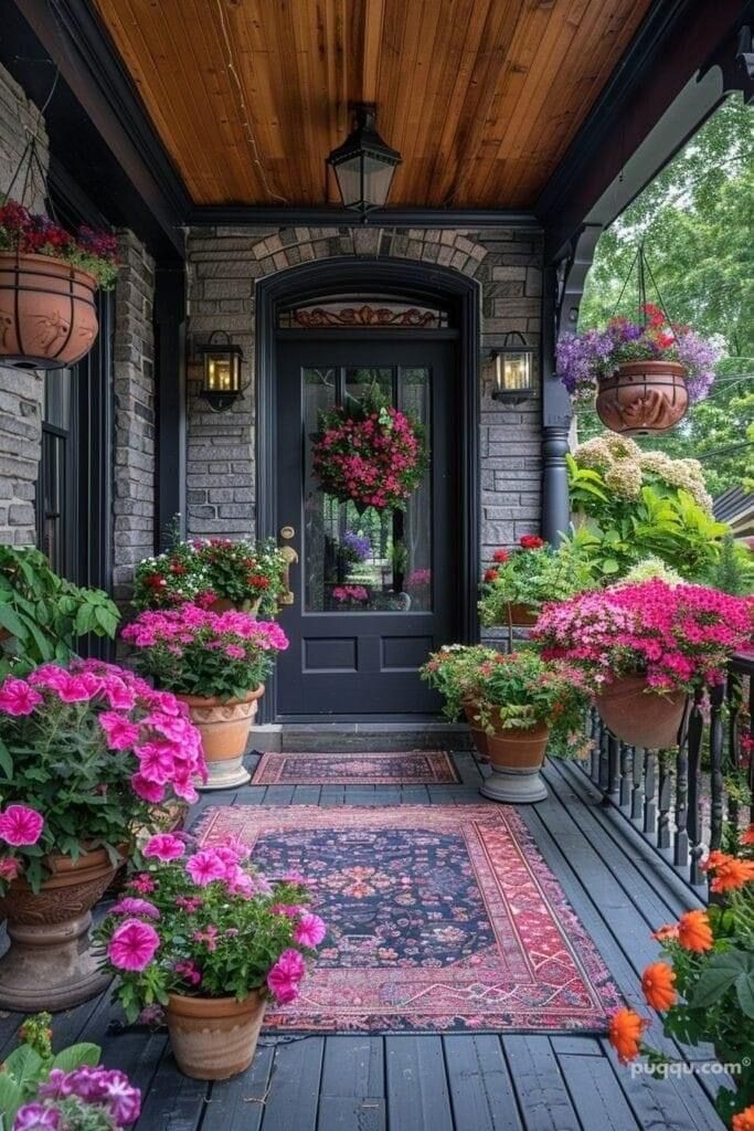 the front porch is decorated with potted flowers