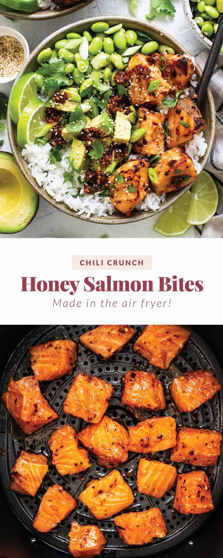 honey salmon bites on a grill with rice and limes