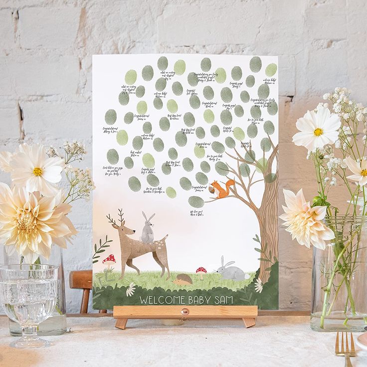 there is a card with an image of a deer on it and flowers in vases