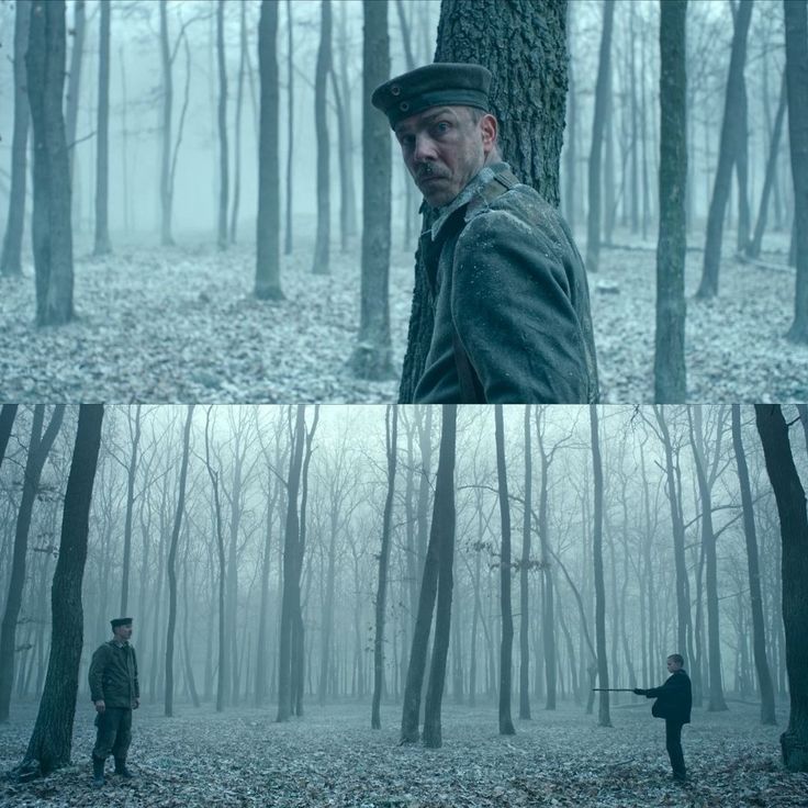 two different pictures of the same man in the woods, one is pointing at something