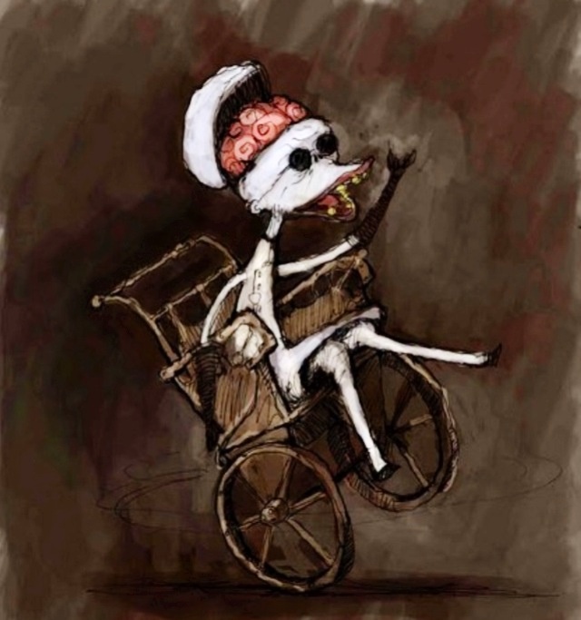 a drawing of a dog riding on the back of a bike with a basket in it's mouth