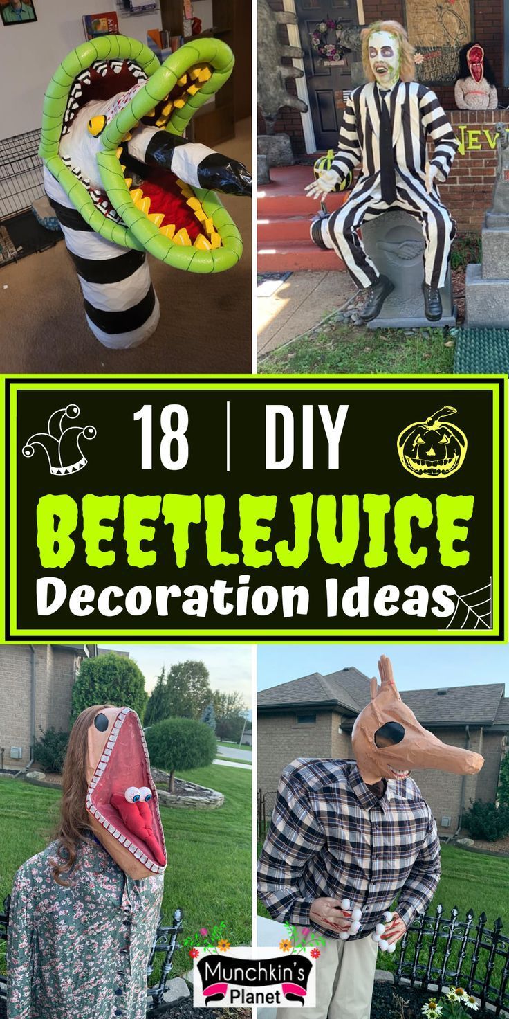 "From creepy spider webs to eerie ghost lanterns, these DIY ideas will give your home a hauntingly beautiful touch. 💀🕷️ #HalloweenDIYs #DIYHalloweenDecorations #HalloweenCrafting #DIYHalloweenIdeas #HalloweenDIYProjects #HalloweenDecorInspo #DIYHalloweenCrafts #HalloweenDIYInspiration #DIYHalloweenDecor Beetlejuice Couch Lady, Halloween Outside Theme Ideas, Beetlejuice House Decor Outside, Beetlejuice Haunted House Ideas, Storefront Halloween Decor, Beetlejuice Halloween Trunk Or Treat, Beetlejuice Outside Decorations, Diy Halloween Decorations Outdoor Beetlejuice, Trunk Or Treat Beetlejuice Ideas