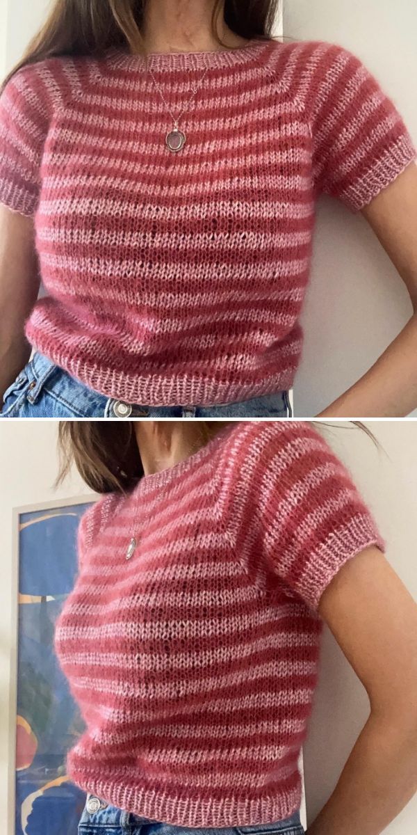 Berry T-Shirt Free Knitting Pattern Knit Shirt Pattern, Knit Top Pattern Free, Knit Top Patterns, Summer Knit Tops, Instruções Origami, Crochet Shirt, How To Knit, Crochet Inspo, Sweater Knitting Patterns