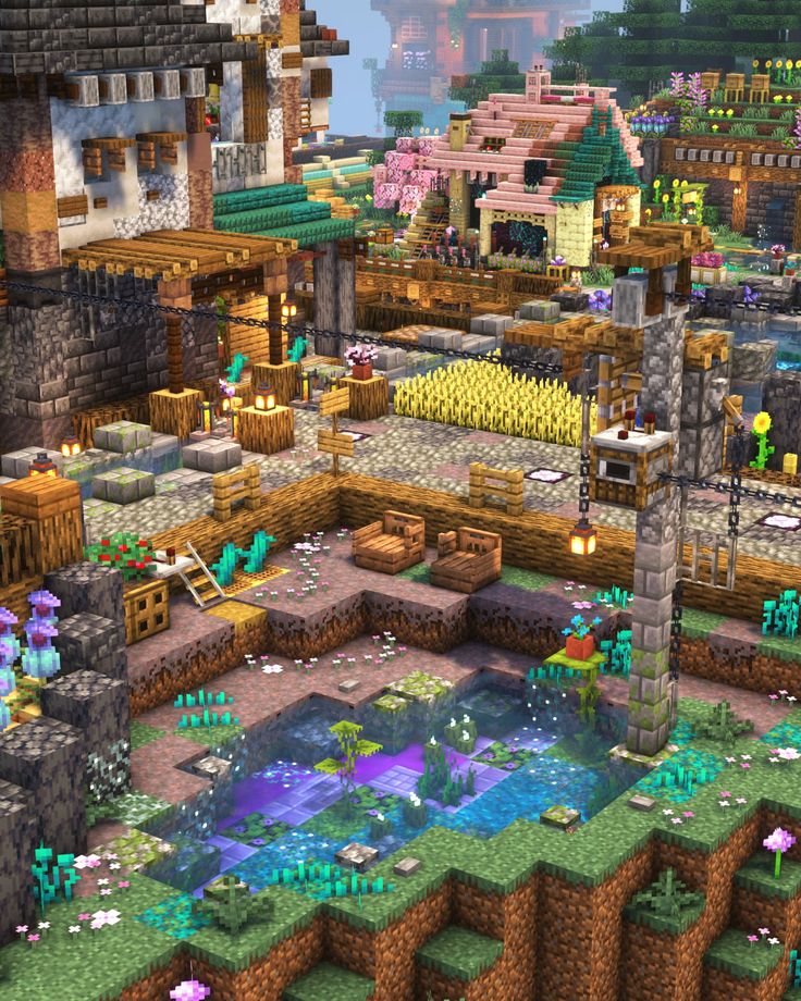 Minecraft Town Centre Ideas, Minecraft Town Themes, Minecraft God Armour, Minecraft Hill Base, Minecraft Goat Pen, Ravine Base Minecraft, Minecraft Front Yard Ideas, Minecraft Landscape Ideas, Minecraft Building Styles