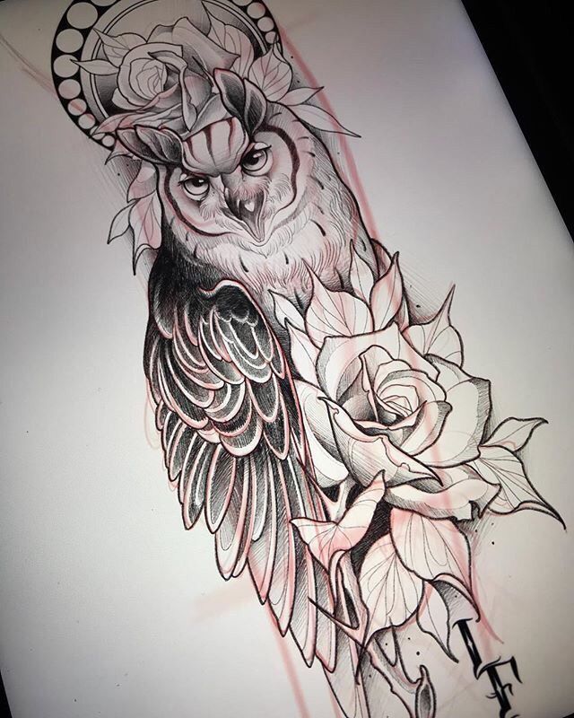 an owl and rose tattoo design on a sheet of paper