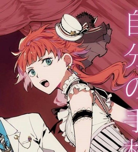 an anime character with red hair and blue eyes is looking at something in front of her