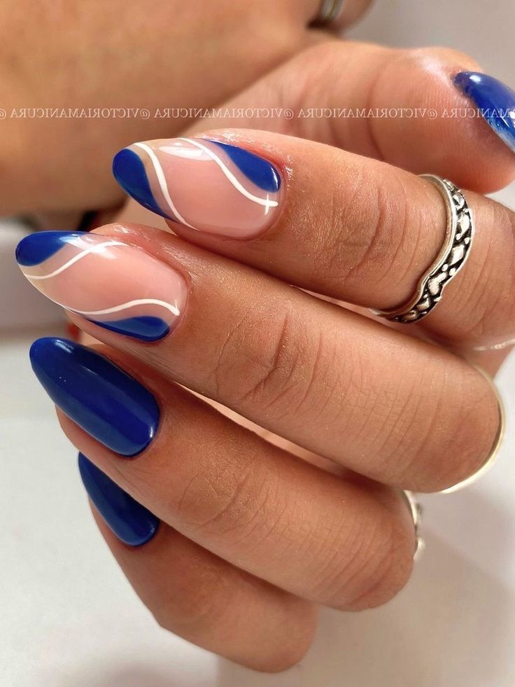 dark blue negative space design Blue Prom Nails, Hoco Nails, Royal Blue Nails, Dark Blue Nails, Navy Nails, Formal Nails, Blue Acrylic Nails, Almond Nails Designs, Blue Nail