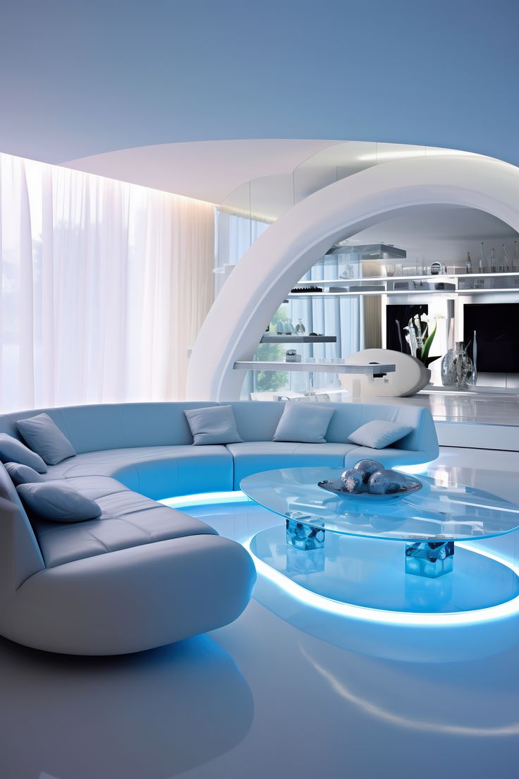 Take a tour through the future with this exquisite Futuristic Living Room. Luxurious and high-tech, it's a perfect blend of style and sophistication. Futuristic Living Room, Futuristic Apartment, Futuristic Room, Futuristic Bedroom, Tattoo Modern, Futuristic Interior Design, Futuristic House, Futuristic Home, Futuristic Interior