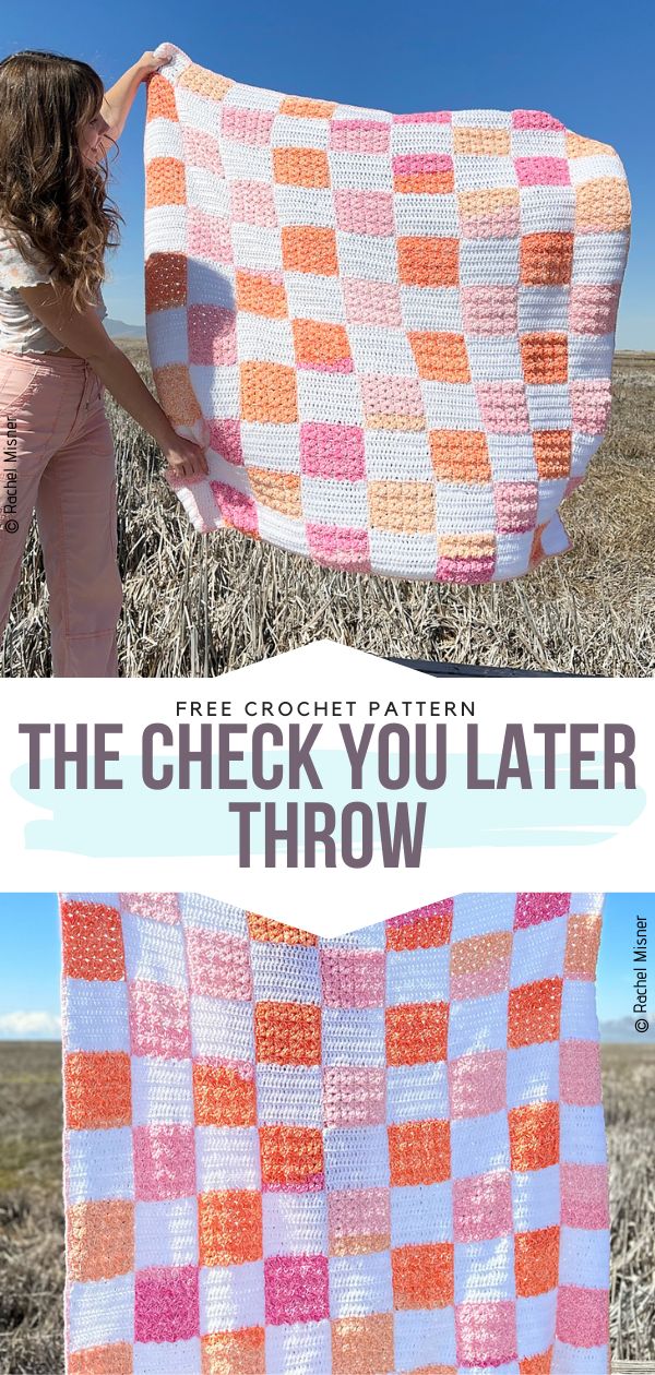 the check you later throw crochet pattern is shown in pink, orange and white