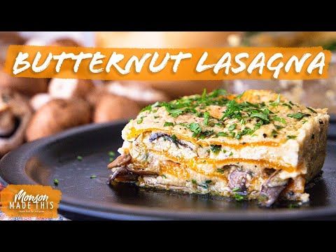 a close up of a plate of food with the words butternut lasagna