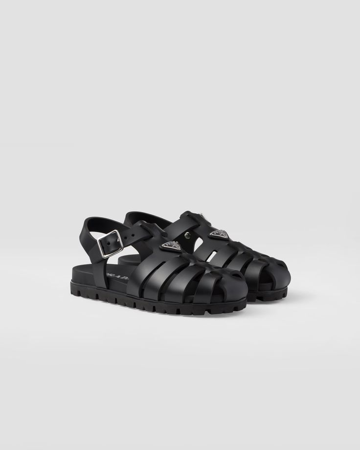 Black Sporty Fisherman Sandals | PRADA Luxury Black Sandals With Tang Buckle, Classic Black Sandals With Buckle Closure, Luxury Black Sandals With Rubber Sole, Classic Black Sandals With Rubber Sole, Prada Slides, Beach Silhouette, Caged Shoes, Latest Sandal, Prada Collection