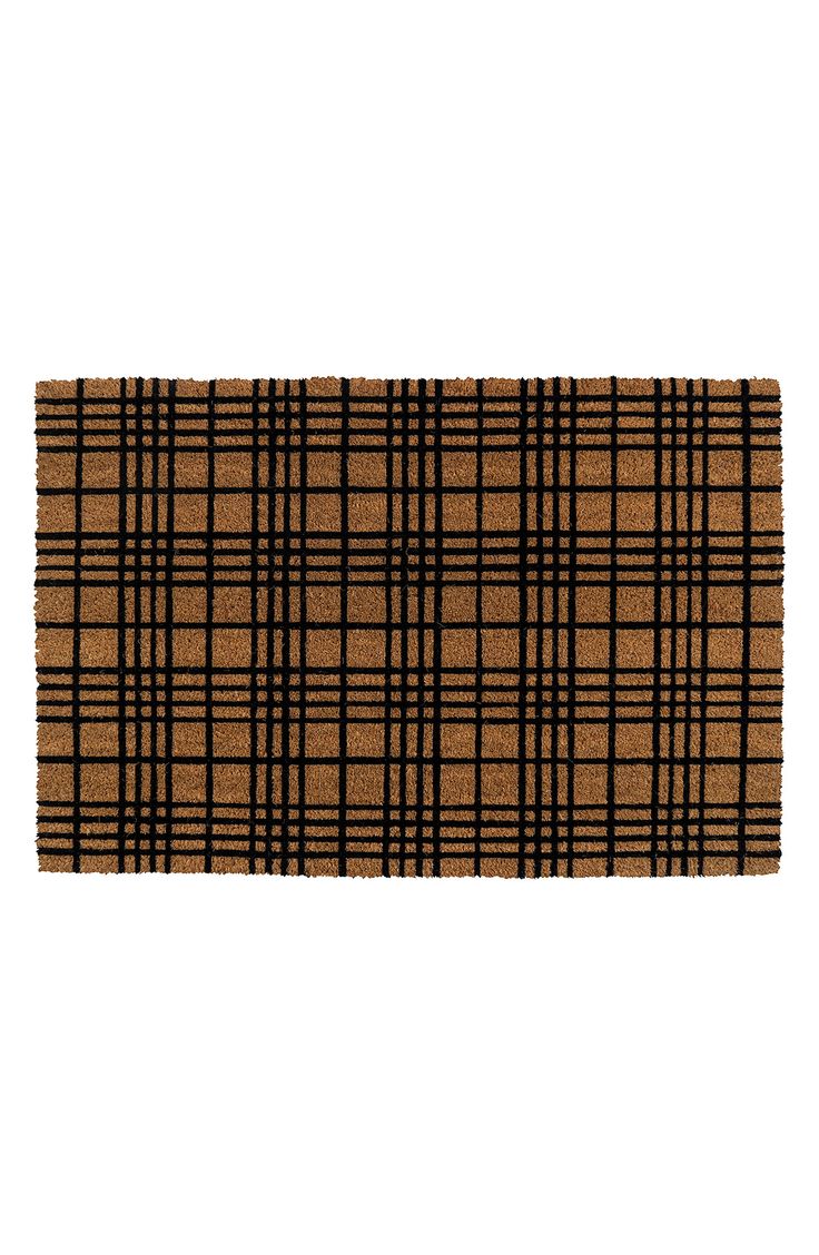 a brown and black plaid rug on a white background