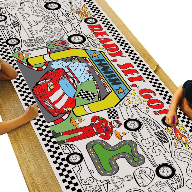 PRICES MAY VARY. RACE CAR THEME - Vroom! Vroom! Our giant race car coloring poster includes everything you might find at a motor speedway. Trophies, traffic cones, tracks, a finish line and of course a driver and his race cars! BIG COLORING BANNER - Your order includes one 30" x 72" inch large paper coloring poster. Its big size doesn't just help create a large arts and crafts area...it also can serve as a tablecloth, keeping your table clean from the kid's messes. FUN KEEPSAKE - After coloring Giant Coloring Poster, Race Car Themes, Car Banner, Coloring Posters, Race Car Party, Race Car Birthday, Car Themes, Paper Banners, Wall Construction