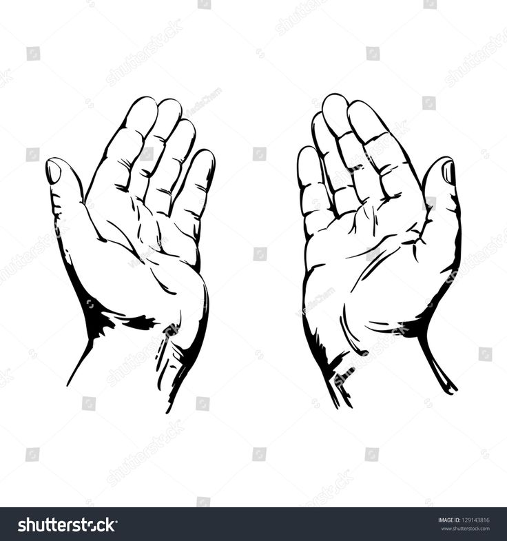 two hands with outstretched palms in black and white ink on a white background stock photo