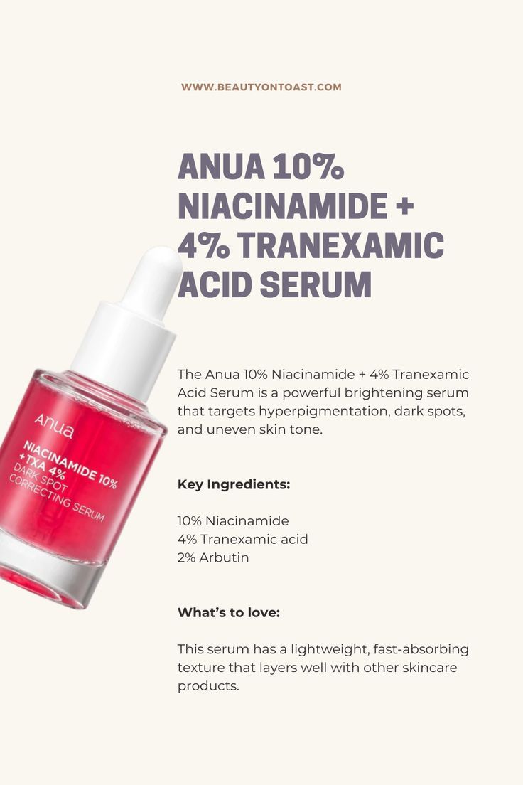 Glass Skin Serum Anua 10% Niacinamide + 4% Tranexamic Acid Serum | Beauty on Toast - - A K-Beauty self-care space or a korean skincare website to discover your all-time favorites, top-rated & viral Korean skincare Glass Skin Serum, Korean Serum, Skincare Korean, Korean Skincare Products, Serum For Dry Skin, Beauty Serums, Tranexamic Acid, Skin Care Serum, Skin Serum