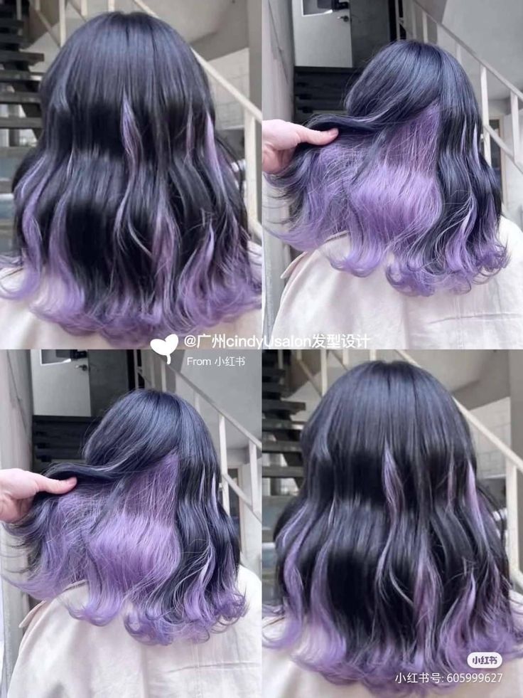 Hair Color Ideas For Short Black Hair, Black N Purple Hair, Black Hair With Lilac Highlights, Purple Faded Hair, Purple Hair Highlights On Black Hair, Hair Color Ideas Purple Highlights, Purple Hair With Black Highlights, Black Hair With Purple Ends, Hair Color Short Hair Ideas