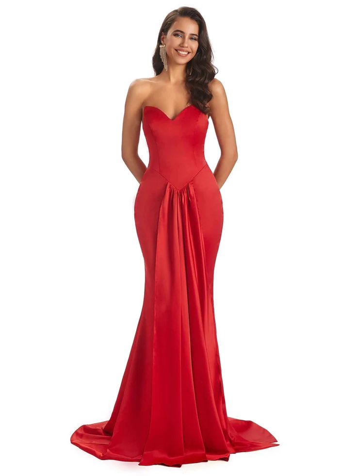 Sexy Soft Satin Sweetheart Floor-Length Mermaid Bridesmaid Dresses - ChicSew Formal Strapless Dress With Satin Finish And Sweetheart Neckline, Strapless Satin Bridesmaid Dress For Formal Occasions, Fitted Solid Evening Dress With Sweetheart Neckline, Fitted Solid Color Evening Dress With Sweetheart Neckline, Satin Bridesmaid Dress With Ruched Bodice For Prom Season, Evening Bridesmaid Dress With Ruched Bodice In Satin, Satin Strapless Dress With Pleated Bodice For Evening, Satin Strapless Dress With Ruched Bodice For Evening, Solid Satin Evening Dress For Prom