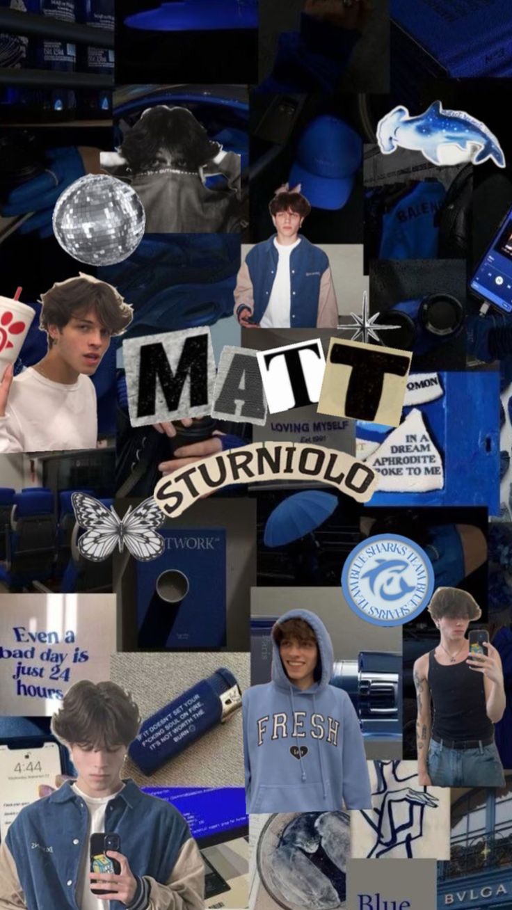 the collage is made up of many different items and people in blue outfits,