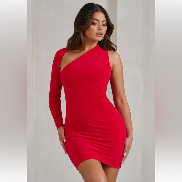 Features - Premium Stretch Jersey - Asymmetric Neckline - Single Long Sleeve - Bodycon Fit - Mini Length Worn Once For A Photoshoot Comes With Tag And Bag Red Mini Dress With Asymmetrical Neckline For Party, Red One-shoulder Asymmetrical Party Dress, Red One-shoulder Asymmetrical Dress For Parties, Red One-shoulder Asymmetrical Cocktail Dress, Red Asymmetrical One Shoulder Party Dress, Red Fitted Dress With Asymmetrical Neckline, Red Asymmetrical Dress For Date Night, Red Asymmetrical Dress For Night Out, Red Fitted Asymmetrical Dress