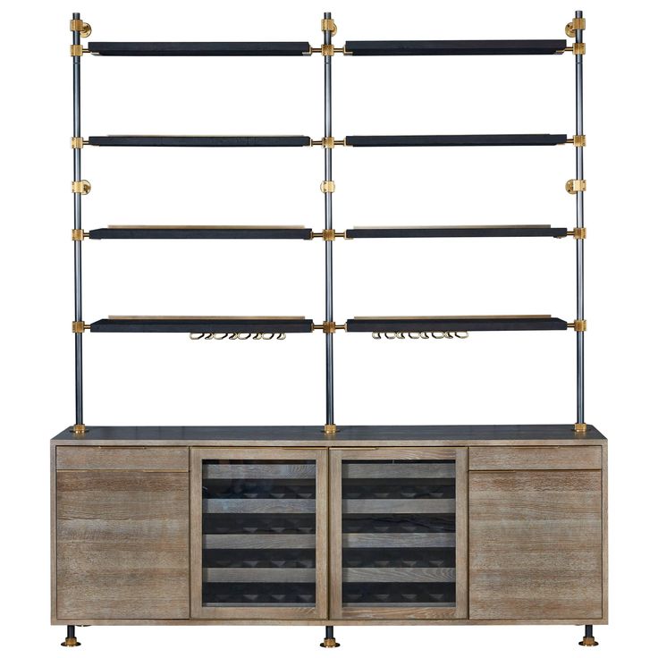 an industrial style shelving unit with two doors and three shelves