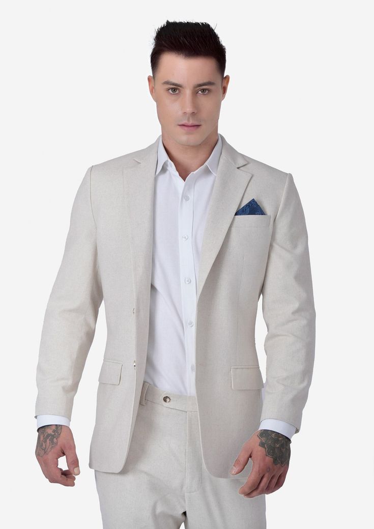 Astor Sand Linen Suit - SARTORO Summer Cotton Business Suits, White Linen Semi-formal Suits, Summer Linen Business Suits, Summer Cotton Suits With Welt Pockets, Semi-formal Cotton Suit For Summer, Cotton Suits For Semi-formal Summer Events, Semi-formal Summer Cotton Suit, White Linen Blazer For Business Casual, Tailored Linen Summer Suits