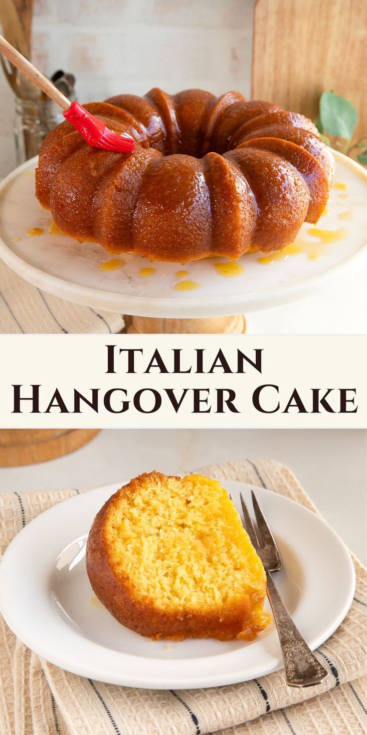 italian hangover bundt cake on cake stand and sliced on a plate. Margarita Pound Cake Recipe, Alcohol Infused Bundt Cakes, Alcohol Infused Pound Cake, Orange Dreamsicle Bundt Cake, Hangover Cake Recipe, Italian Bundt Cake Recipes, Cake For Alcohol Lovers, Amaretto Cake Recipe Easy, Southern Hangover Cake