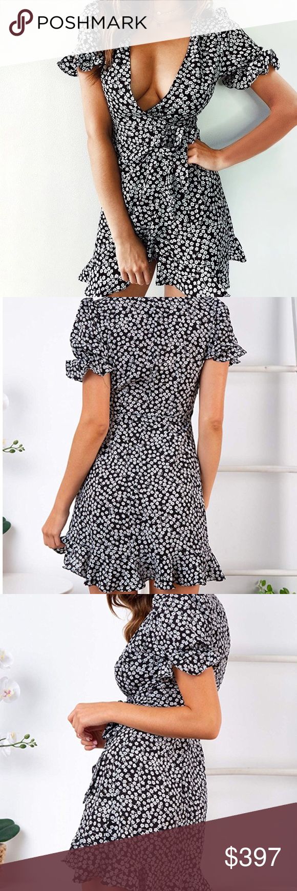 Black and White Floral Print Ruffle Mini Dress Material Polyester+Cotton Asymmetrical hem and deep v-neck makes Floral print makes this dress simple but elegant and classy.  Small Bust.  33.9”-35.4” Waist 26-27.2” Hip 35.4-37”   XL Bust.  38.6-40.6” Waist.  30.7-31.9” Hip.      40.2-41.7” Dresses Mini Flirty Fitted V-neck Wrap Dress, Fitted Ruffle V-neck Mini Dress, Fitted Mini Dress With Ruffles And V-neck, Day Out Dress With Asymmetrical Hem And Ruffles, Day Out Dress With Ruffles And Asymmetrical Hem, Asymmetrical Hem Ruffled Dress For Day Out, Non-stretch V-neck Dress With Ruffles, Feminine Mini Dress With Ruffles And Surplice Neckline, Non-stretch Mini Dress With Ruffles And Short Sleeves