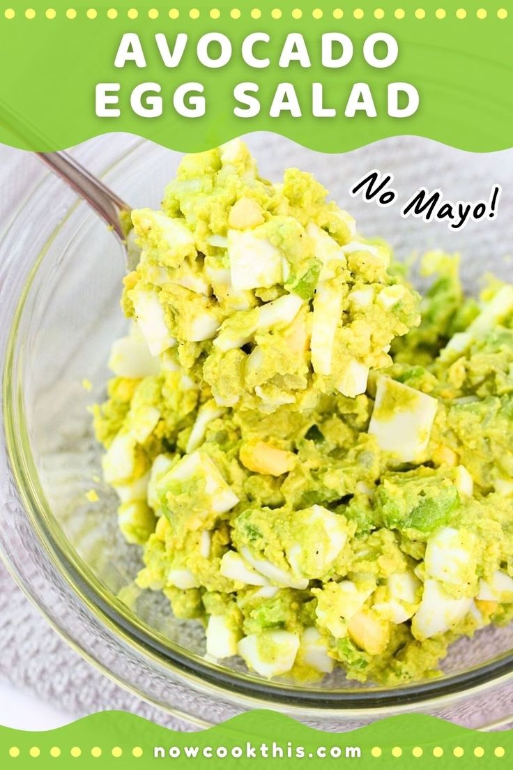 avocado egg salad in a glass bowl with text overlay that reads, no mayo