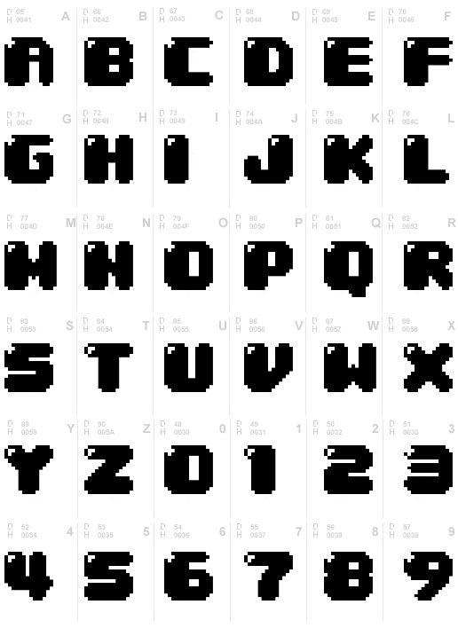 the alphabet and numbers are made up of pixel style letters, which appear to be black