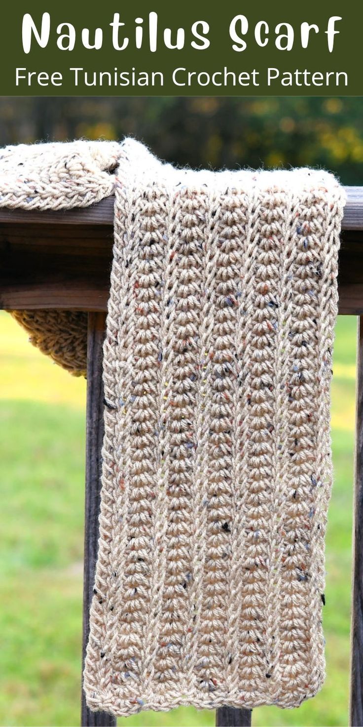 a crocheted scarf hanging from a wooden chair with text overlay that says, free