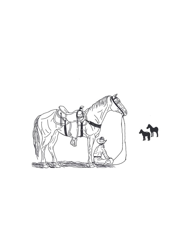 a black and white drawing of a man leading a horse with two dogs behind him