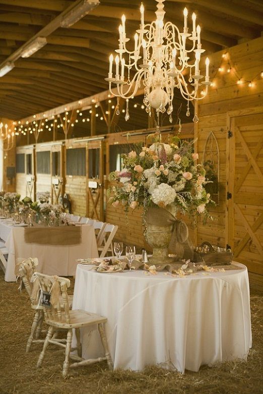 an image of a table set up for a wedding reception with chandeliers and flowers