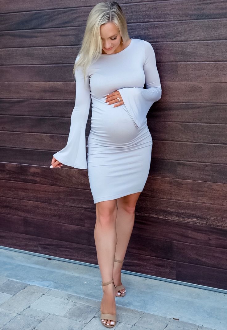 Boat Neck Bell Sleeve Maternity Dress - Sexy Mama Maternity Fitted Bodycon Dress With Bell Sleeves, Months Of Pregnancy, House Move, Maternity Dresses Summer, Cute Maternity Outfits, Stylish Maternity Outfits, Pregnancy Months, Stylish Maternity, Nine Months