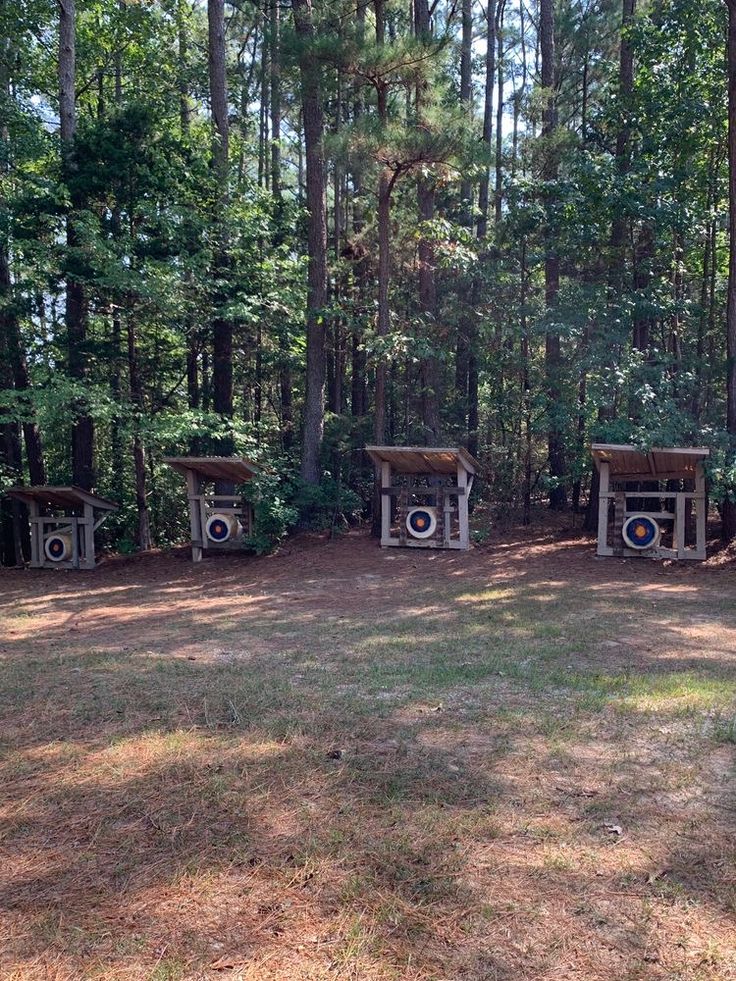 three wooden benches sitting in the middle of a forest