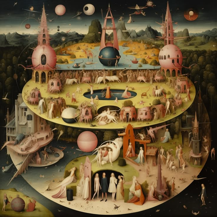 a painting with many different types of people and animals on it, including an upside down structure