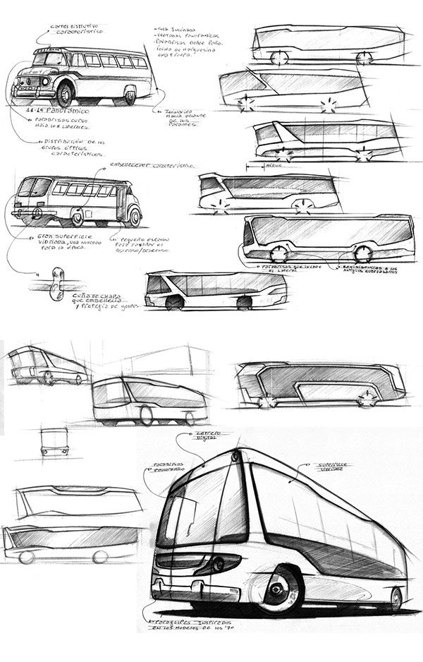 some sketches of different types of vehicles and their design features are shown in this image