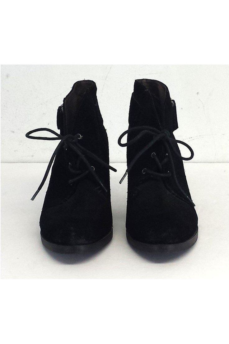 Size 6 EU 36 Black Ankle Booties Leather soles Very light wear on outsoles Suede upper Laces up Silver-tone buckle detail Naturally distressed heels Heel Height 3.25" Winter Closed Toe Heels With Buckle Closure, Black Ankle-high Heels With Heel Tab, Fall Lace-up Heels With Buckle Closure, Winter Buckle Closure Closed Toe Booties, Suede Ankle-high Heels With Buckle Closure, Suede Pointed Toe Booties With Buckle Closure, Suede Heels With Buckle Closure And Round Toe, Pointed Toe Booties With Buckle Closure, Suede Ankle-high Booties With Buckle Closure