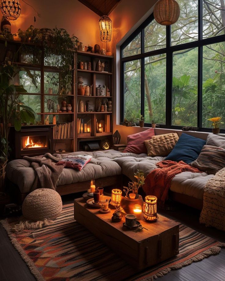 a living room filled with lots of furniture next to a window covered in plants and candles