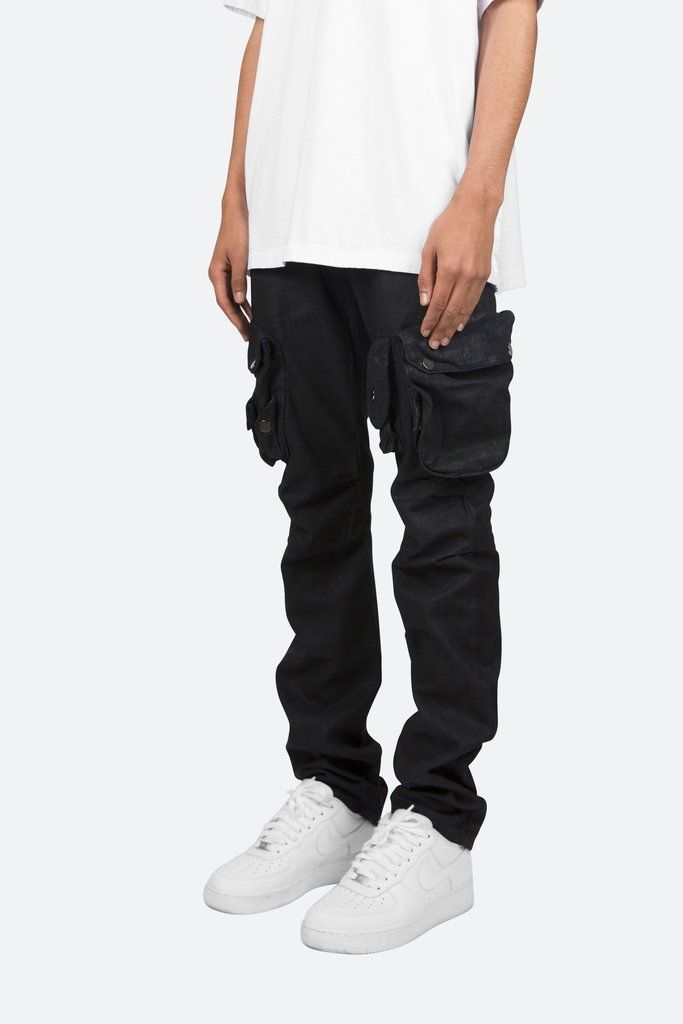 Waxed Denim Cargo Pants - Black | mnml | shop now Washed Black Cargo Jeans With Hip Pockets, Urban Washed Black Cargo Jeans With Five Pockets, Urban Style Washed Black Cargo Jeans, Utility Cargo Jeans In Washed Black With Hip Pockets, Washed Black Denim Cargo Pants With Hip Pockets, Denim Techwear Cargo Pants For Streetwear, Denim Cargo Pants For Streetwear Techwear, Urban Fitted Cargo Jeans With Five Pockets, Urban Cargo Style Jeans