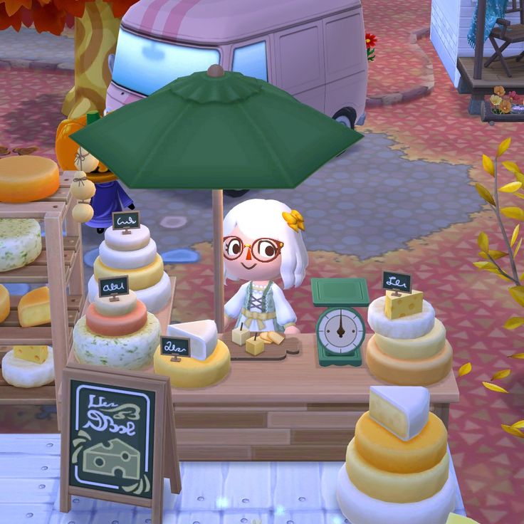 an animated image of a woman selling cheeses at a vendor's booth in animal crossing