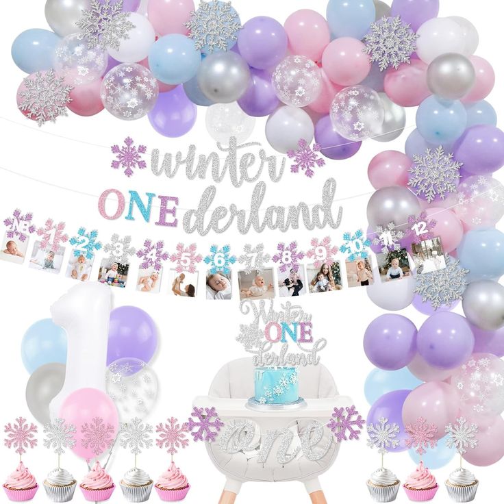 a birthday party with balloons, cake and decorations