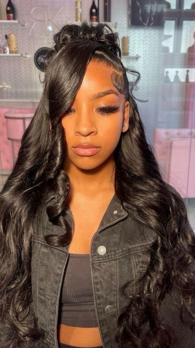 Styles With Frontal Wig, Birthday Sweet 16 Outfits, Teen Quickweave Hairstyles, Wig Hair Styling, Straight Hairstyles Birthday, Body Wave Frontal Wig Hairstyles Side Part, 3 Part Wig Hairstyles, Lace Front Wig Styles Black Women, Creative Frontal Hairstyles