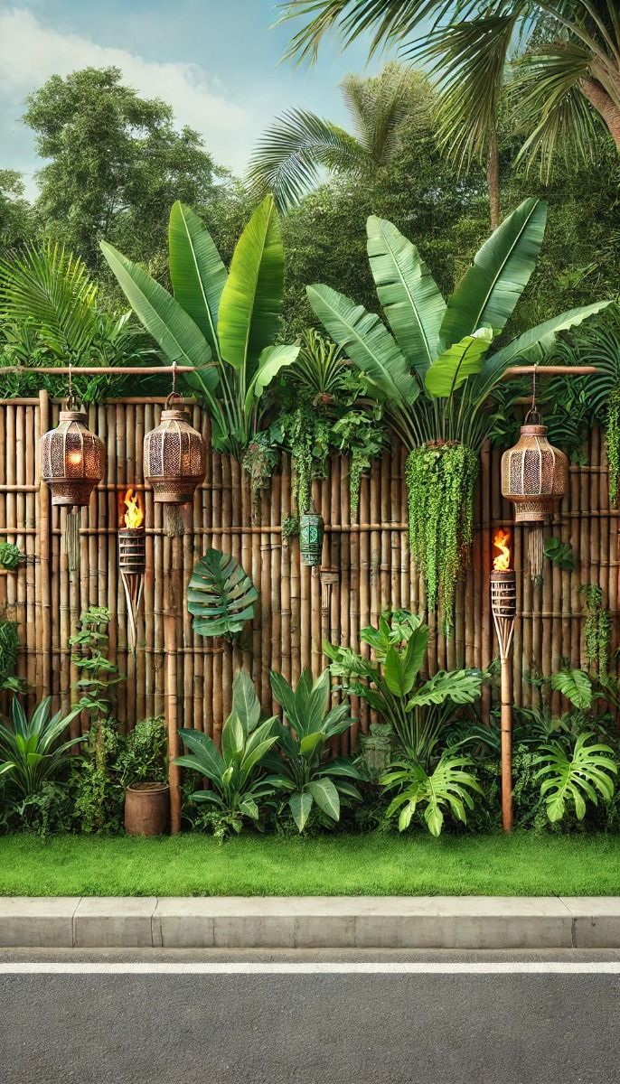 a garden with lots of green plants and hanging birdcages on the bamboo fence