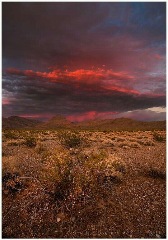 the sky is red and purple as it sets in the desert with sparse grass on the ground