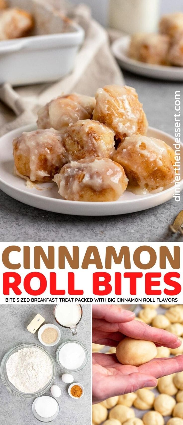 cinnamon roll bites are on a plate with powdered sugar in the middle and two hands reaching for them