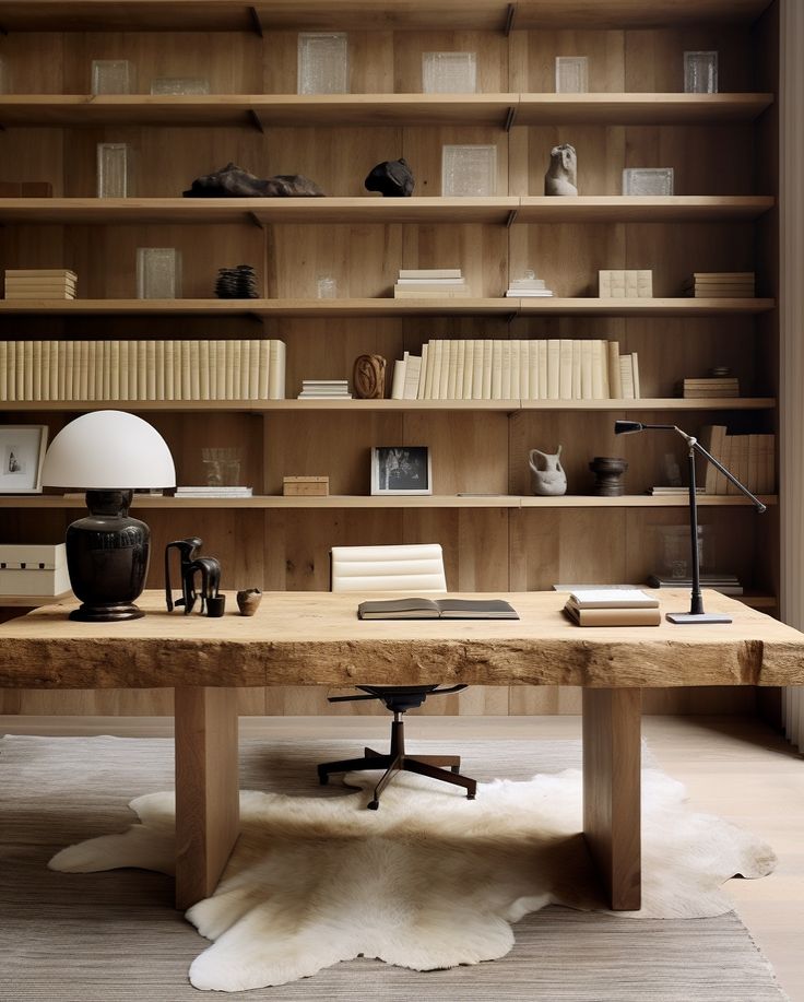 a wooden desk sitting in front of a book shelf filled with books