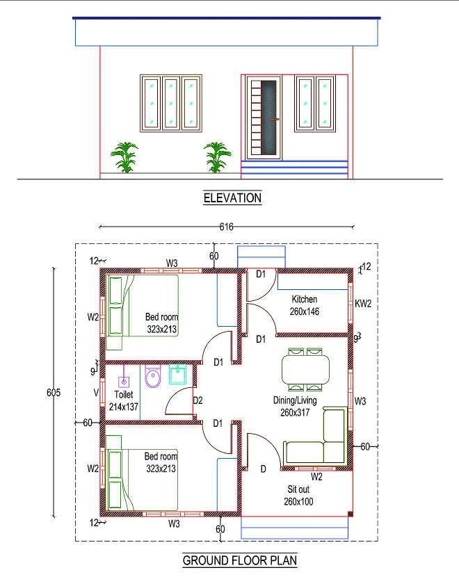 two story house plan with floor plans and elevation details for each room in the house