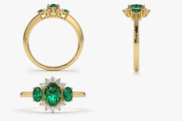 "Emerald Ring / 14k Three Stone Emerald Cluster Ring / Classic Emerald Engagement Ring 14k Gold / May Birthstone / Promise Ring Black Friday Ferkos Fine Jewelry Features *Made to Order *Gold Kt: 14K (also available in 18K) *Available Gold Color: Rose Gold, Yellow Gold, White Gold *Oval Shape Emerald: 1 pc 6 x 4MM *Oval Shape Emerald: 2 pc 4x3MM *Round Diamonds: 10 pcs 1.55 MM *Sapphire CTW: 0.90 ctw *Diamond CTW: 0.16 ctw *Ready to Ship in 7-10 Business Days If you have any additional questions Heirloom Yellow Gold Cluster Ring With Gemstone, Classic Yellow Gold Emerald Ring With Halo, Heirloom Gold Emerald Ring With Halo Detail, Heirloom Gold Emerald Ring With Halo, Emerald Cluster Ring With Gemstones, Luxury Cluster Ring With Accent Stones In 14k Gold, Luxury 14k Gold Cluster Ring With Accent Stones, Yellow Gold Gemstone Cluster Promise Ring, Cluster Halo Ring In Yellow Gold For Gift