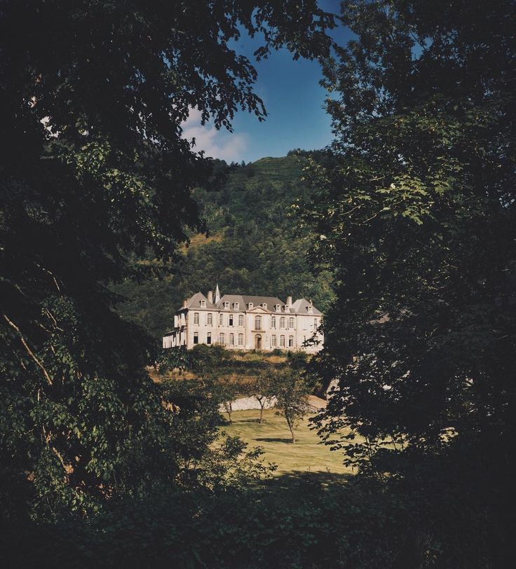 a large white house sitting in the middle of a lush green forest filled with trees