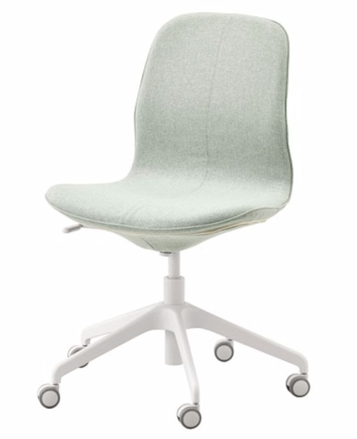 a white office chair with wheels on the back and seat upholstered to the side